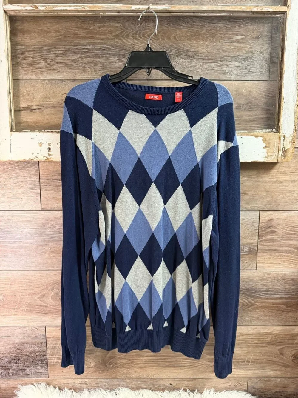 IZOD Men’s Large 100% Cotton Argyle Crewneck Knit Sweater Blue Classic Preppy